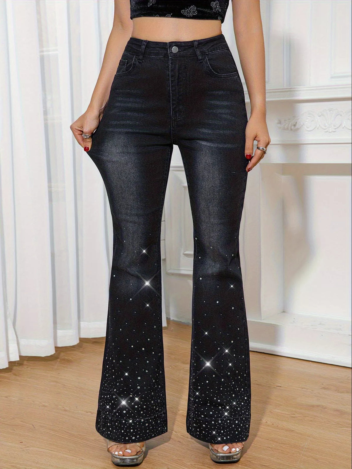 Rhinestone Embellished Flare Leg Jeans