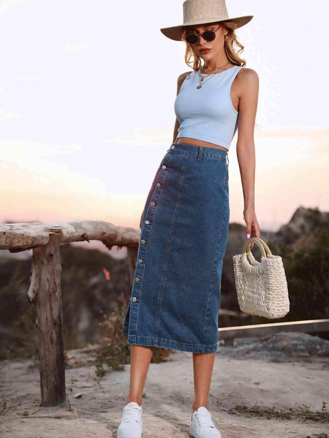 Button Down Denim Skirt for Women in Various Sizes