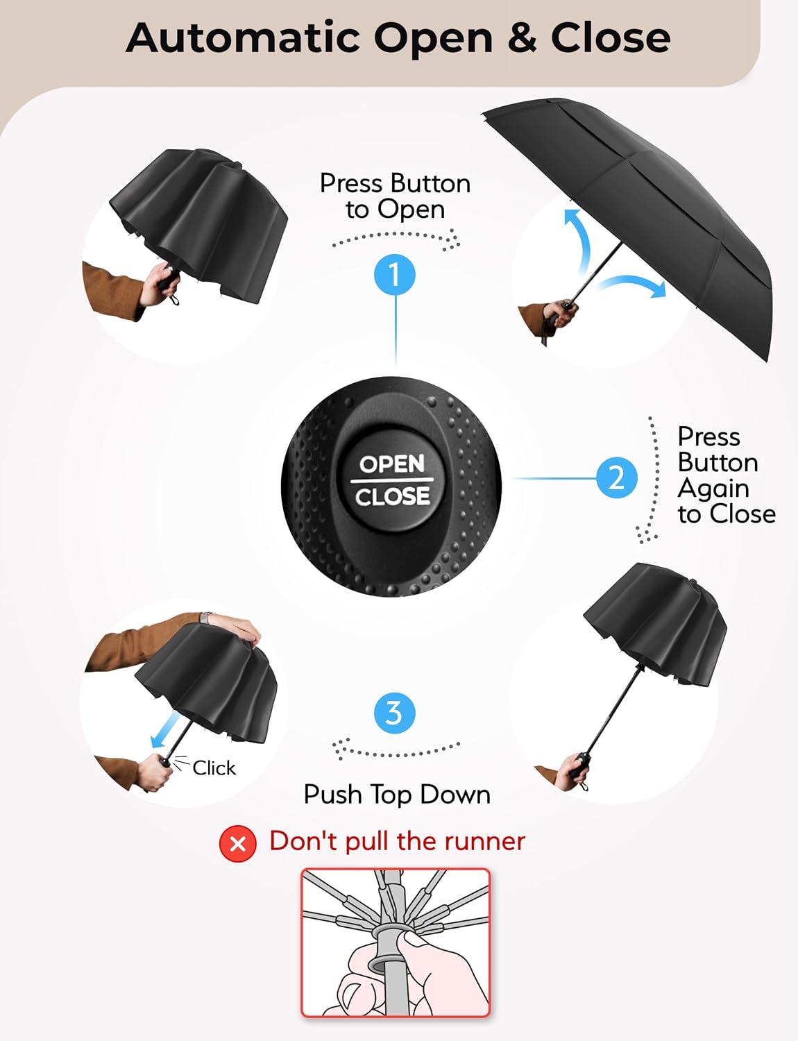 TUMELLA Strongest Windproof Travel Umbrella (Compact, 100MPH Wind-Tested), Light, Portable, One-Handed Use, Automatic Folding Rain Umbrella, Durable, Premium Grip, Fits Car & Backpack