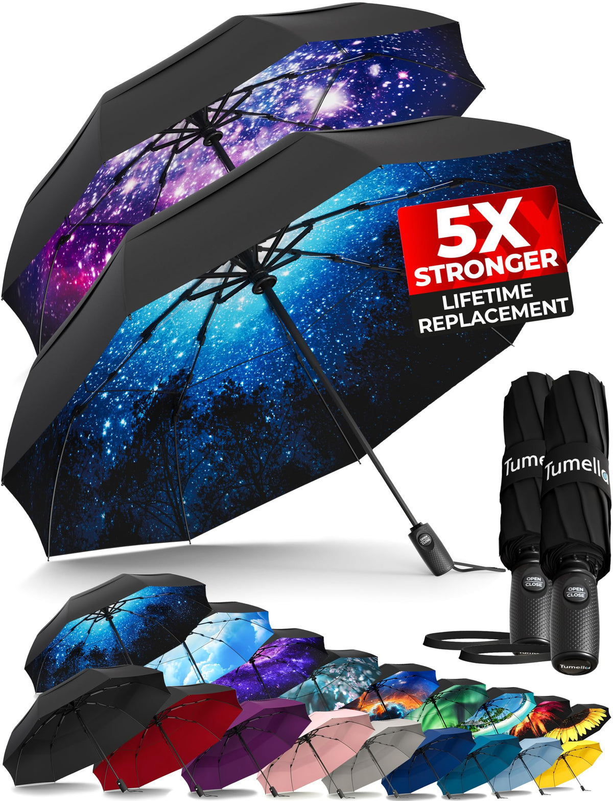 TUMELLA Strongest Windproof Travel Umbrella (Compact, 100MPH Wind-Tested), Light, Portable, One-Handed Use, Automatic Folding Rain Umbrella, Durable, Premium Grip, Fits Car & Backpack