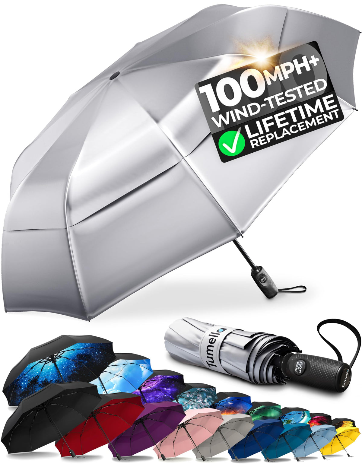 TUMELLA Strongest Windproof Travel Umbrella (Compact, 100MPH Wind-Tested), Light, Portable, One-Handed Use, Automatic Folding Rain Umbrella, Durable, Premium Grip, Fits Car & Backpack