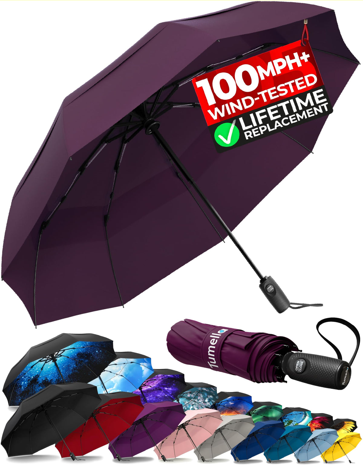 TUMELLA Strongest Windproof Travel Umbrella (Compact, 100MPH Wind-Tested), Light, Portable, One-Handed Use, Automatic Folding Rain Umbrella, Durable, Premium Grip, Fits Car & Backpack