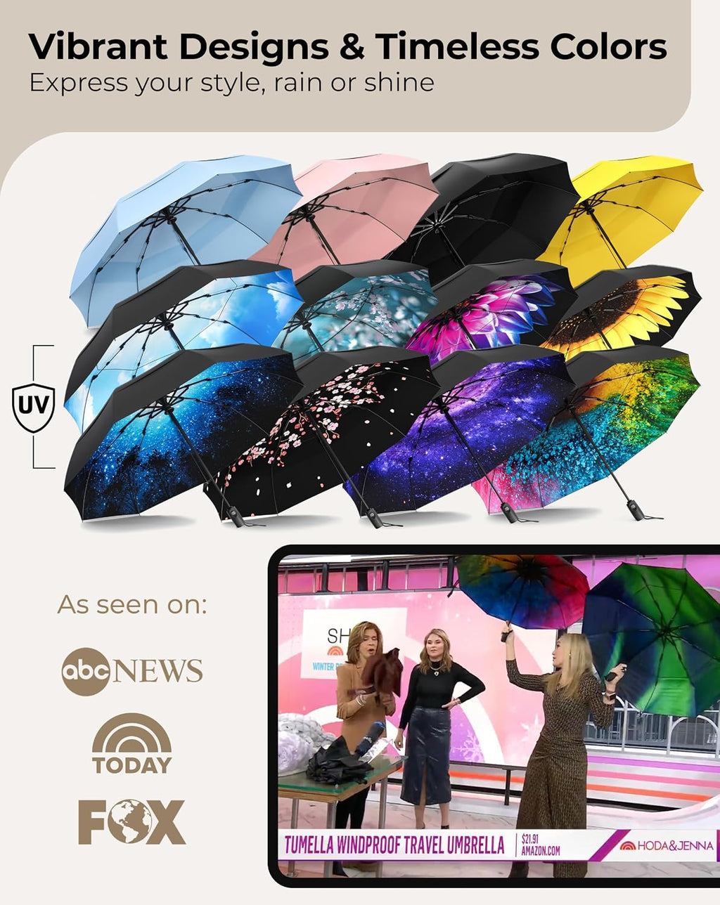 TUMELLA Strongest Windproof Travel Umbrella (Compact, 100MPH Wind-Tested), Light, Portable, One-Handed Use, Automatic Folding Rain Umbrella, Durable, Premium Grip, Fits Car & Backpack