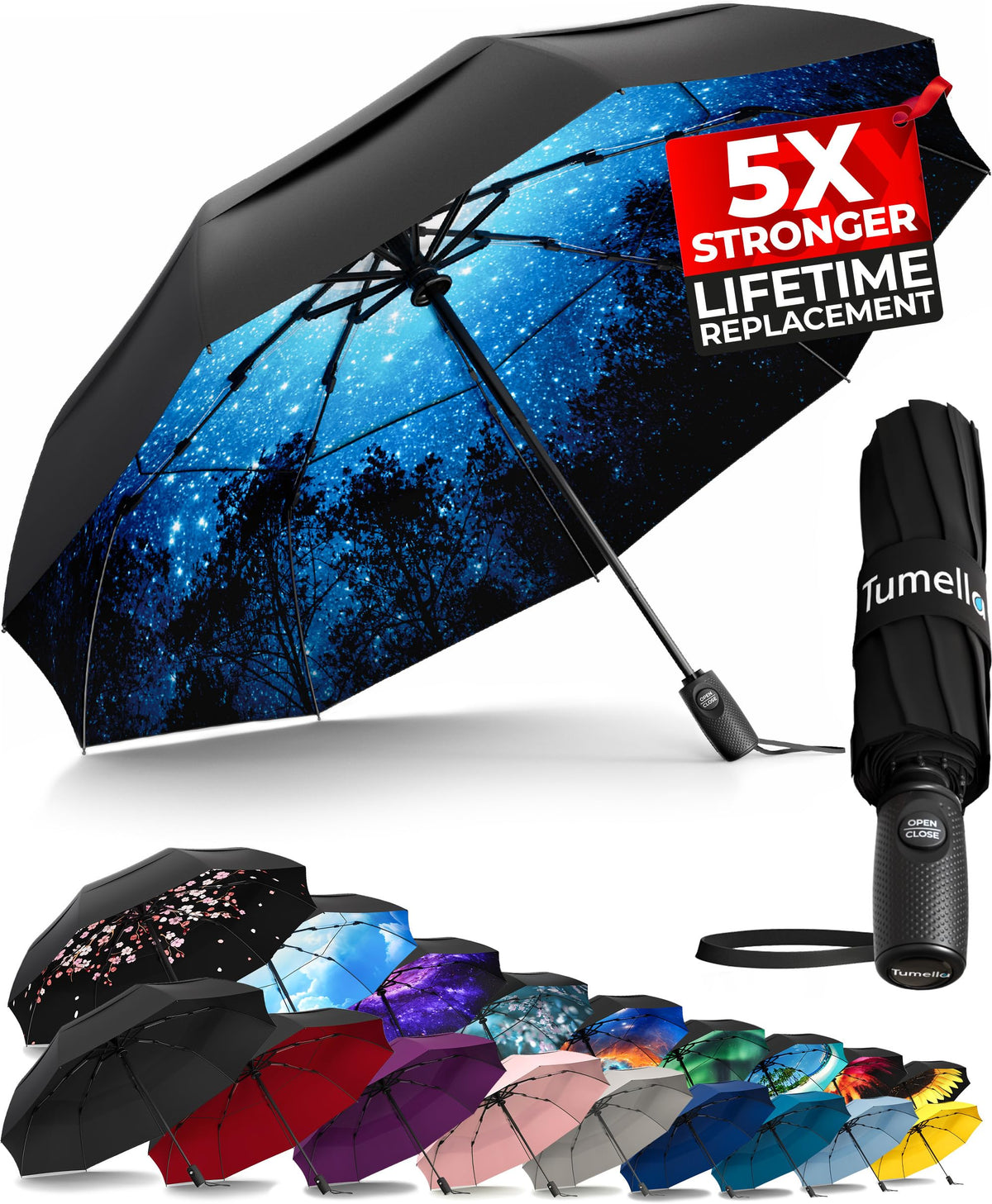 TUMELLA Strongest Windproof Travel Umbrella (Compact, 100MPH Wind-Tested), Light, Portable, One-Handed Use, Automatic Folding Rain Umbrella, Durable, Premium Grip, Fits Car & Backpack