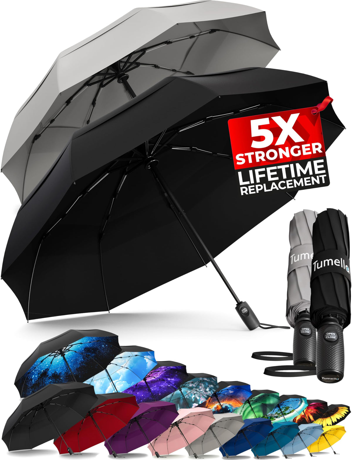 TUMELLA Strongest Windproof Travel Umbrella (Compact, 100MPH Wind-Tested), Light, Portable, One-Handed Use, Automatic Folding Rain Umbrella, Durable, Premium Grip, Fits Car & Backpack
