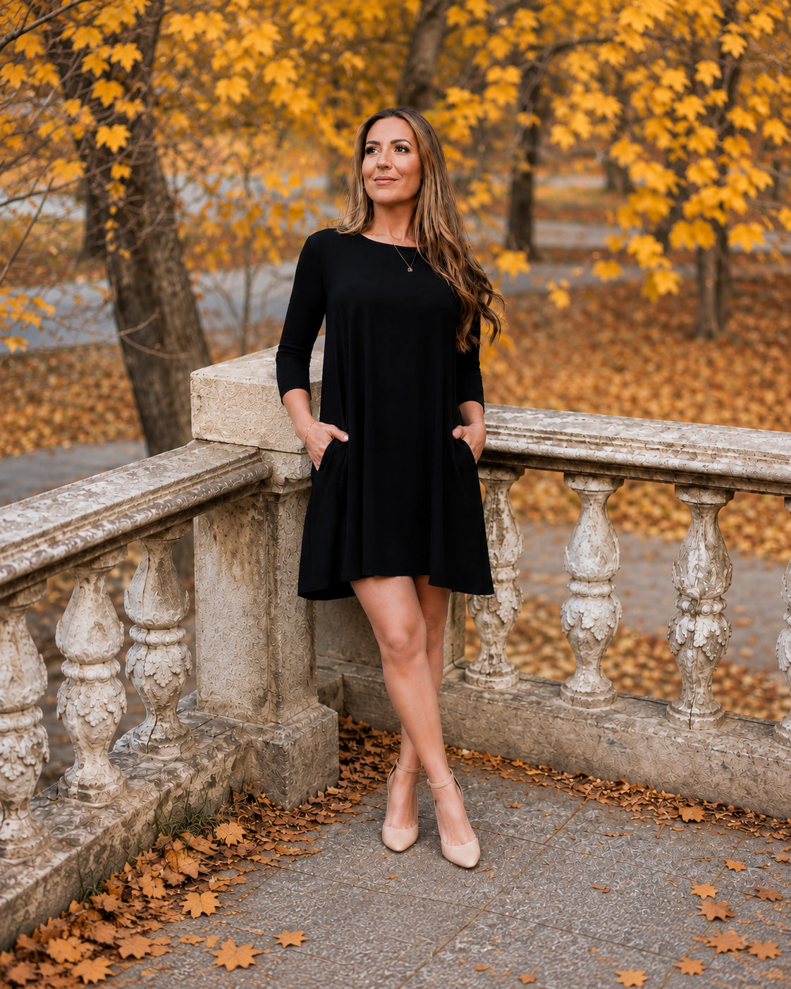 Olivia - Black Swing Dress with 3/4 Sleeves