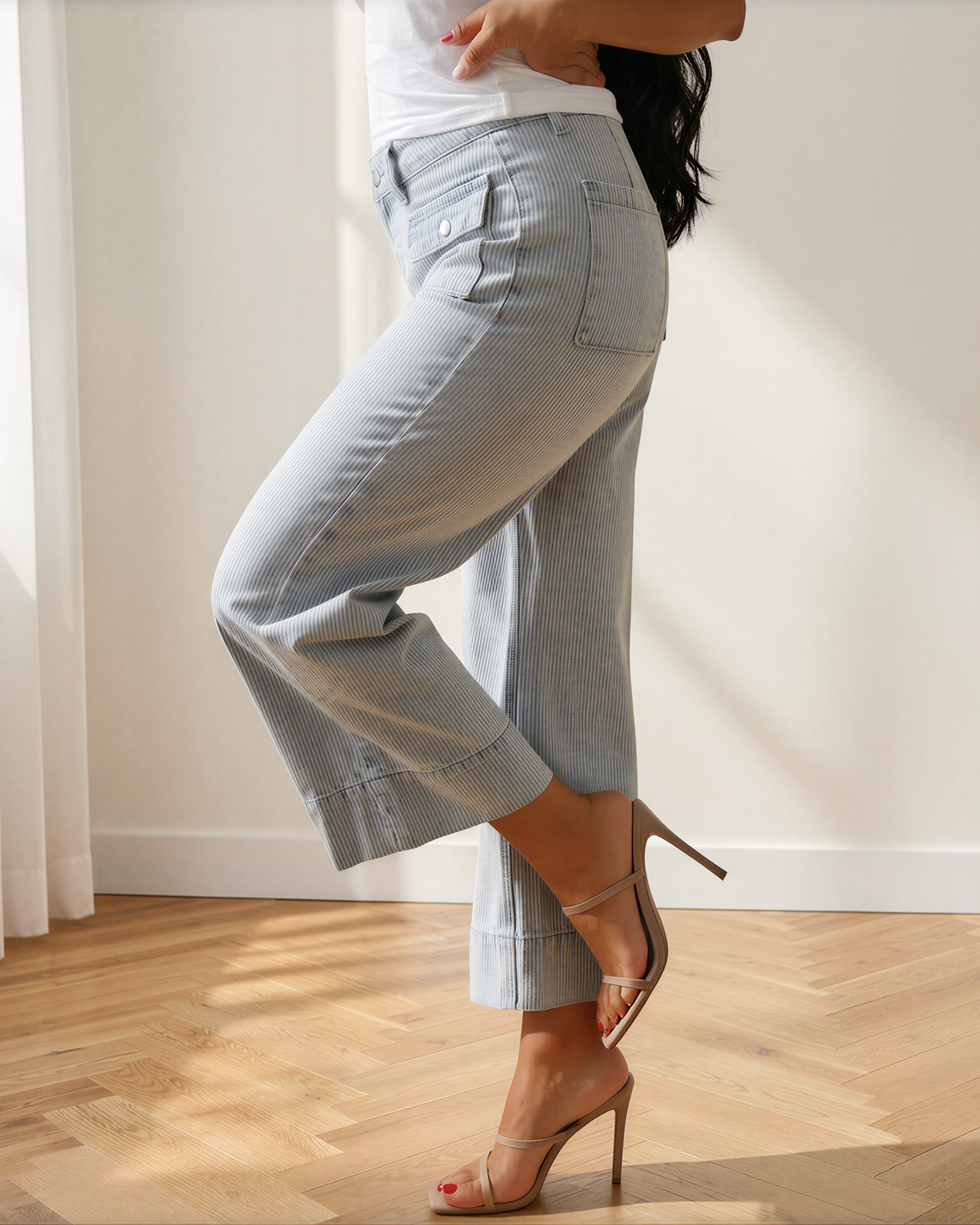 Camille Stripe Button Flap Pocket Cuffed Hem Wide Leg Jeans