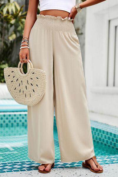 Devine Smocked Wide Leg Pants with Pockets for Women