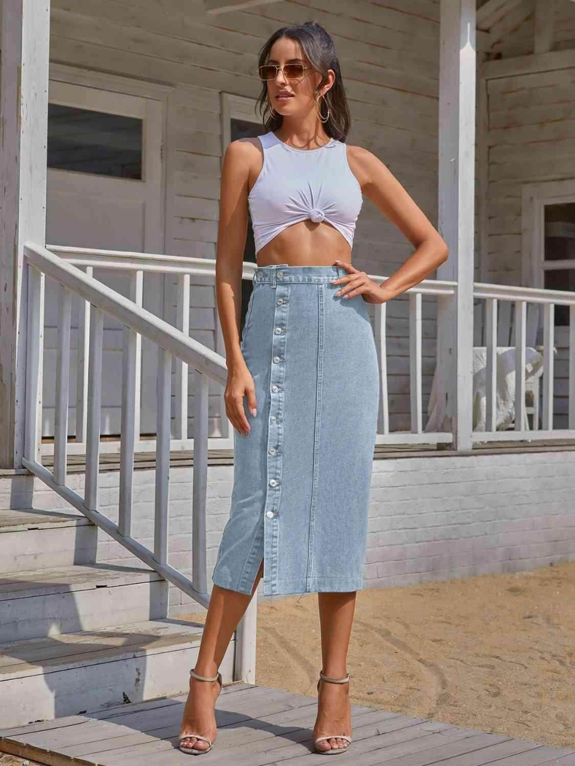 Button Down Denim Skirt for Women in Various Sizes