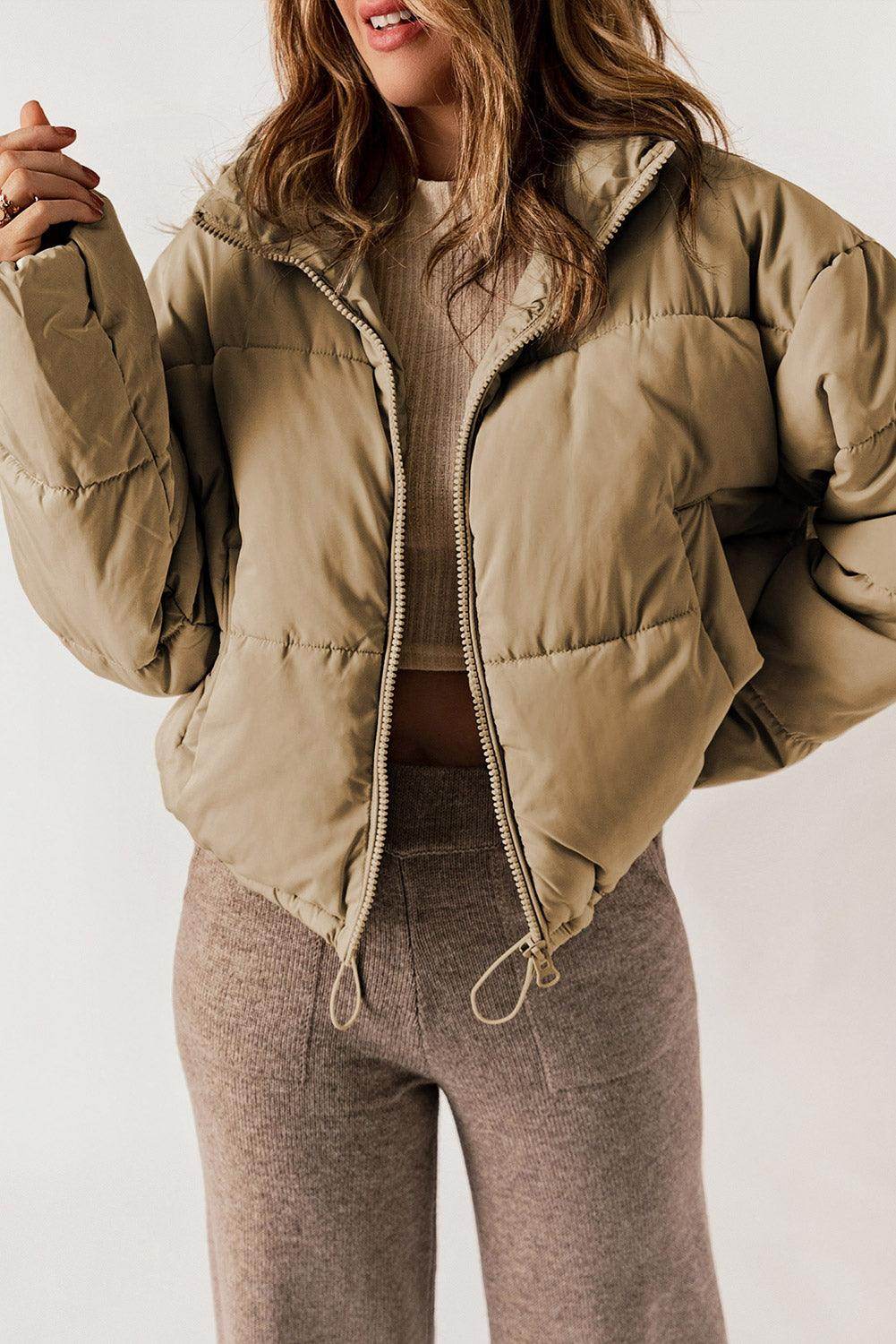 Zip Up Collared Neck Long Sleeve Winter Coat for Women
