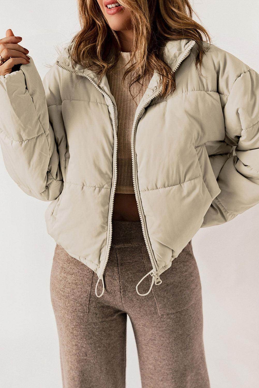 Zip Up Collared Neck Long Sleeve Winter Coat for Women